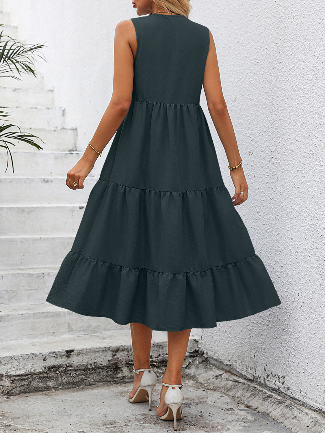 V-Neck Sleeveless Tiered Dress - skdzusa