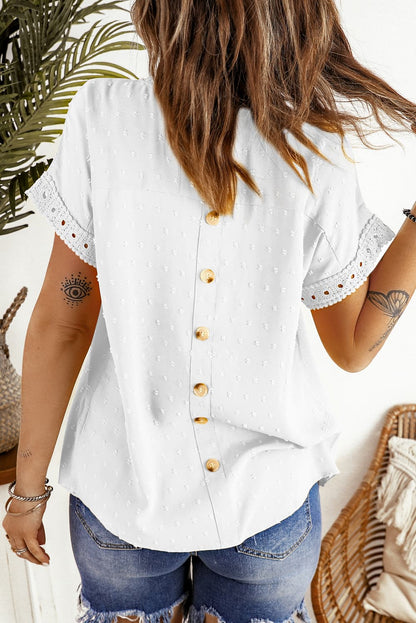 Swiss Dot Decorative Button Short Sleeve Blouse - SKDZ