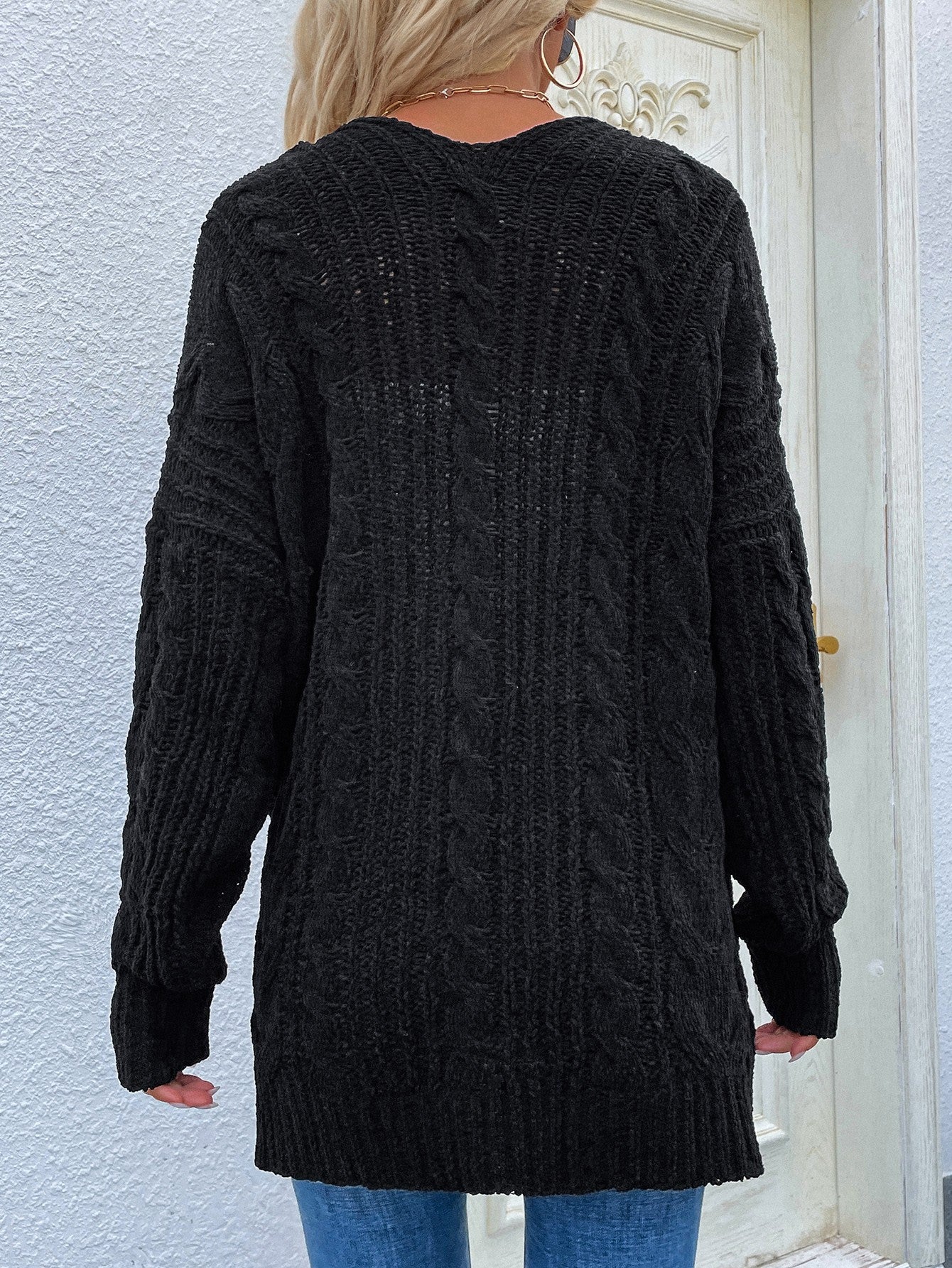Cable-Knit Open Front Cardigan with Front Pockets - SKDZ