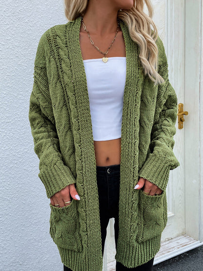 Cable-Knit Open Front Cardigan with Front Pockets - SKDZ