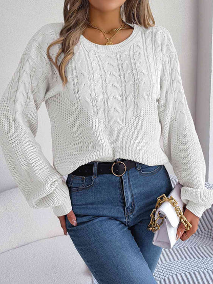 Cable-Knit Round Neck Drop Shoulder Sweater - skdzusa