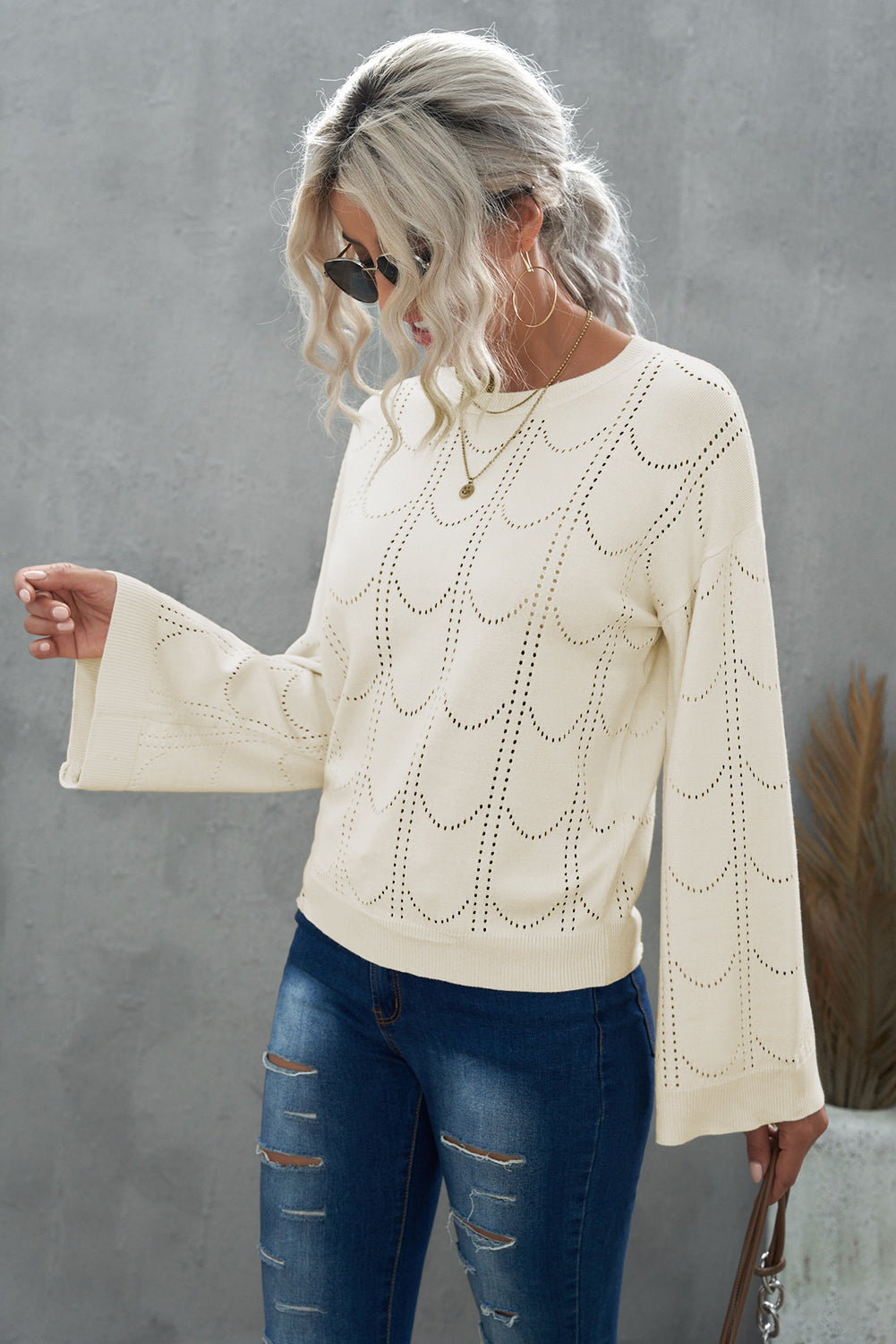 Openwork Flare Sleeve Pullover Sweater - SKDZ