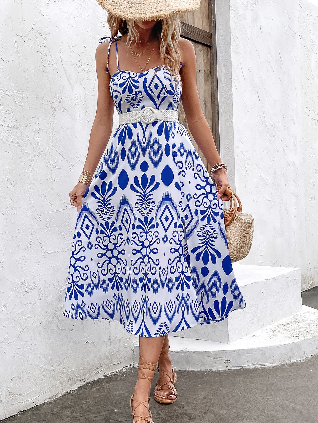 Printed Tie Shoulder Sweetheart Neck Dress - SKDZ