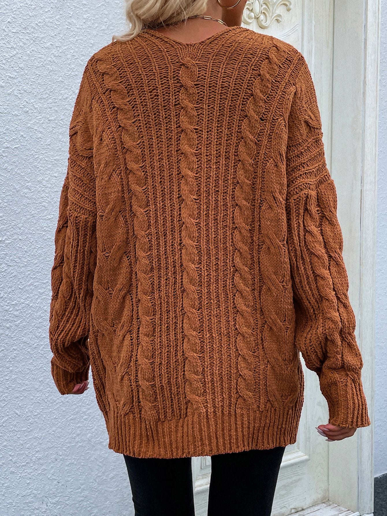 Cable-Knit Open Front Cardigan with Front Pockets - SKDZ