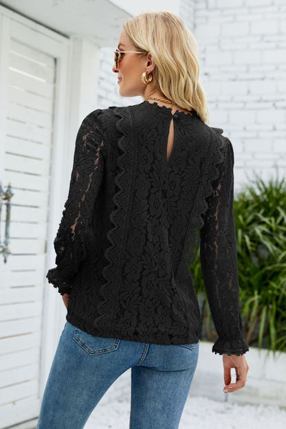 V-Neck Flounce Sleeve Lace Top - SKDZ