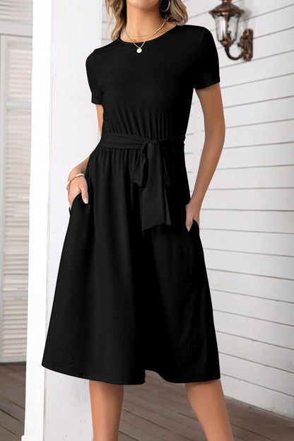 Belted Tee Dress With Pockets - SKDZ