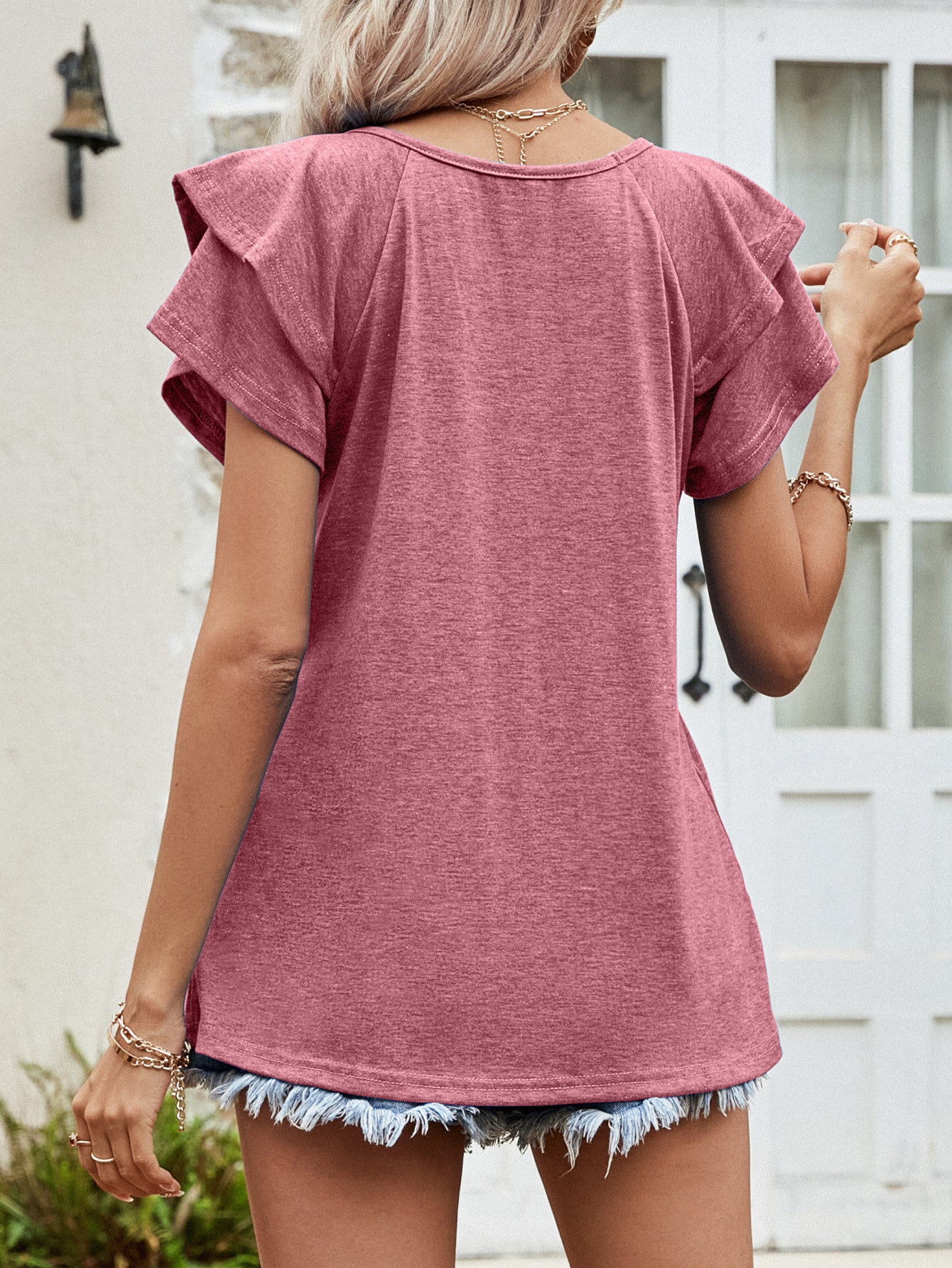 Layered Flutter Sleeve V-Neck Top - SKDZ