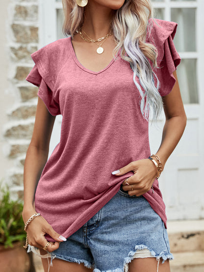 Layered Flutter Sleeve V-Neck Top - SKDZ