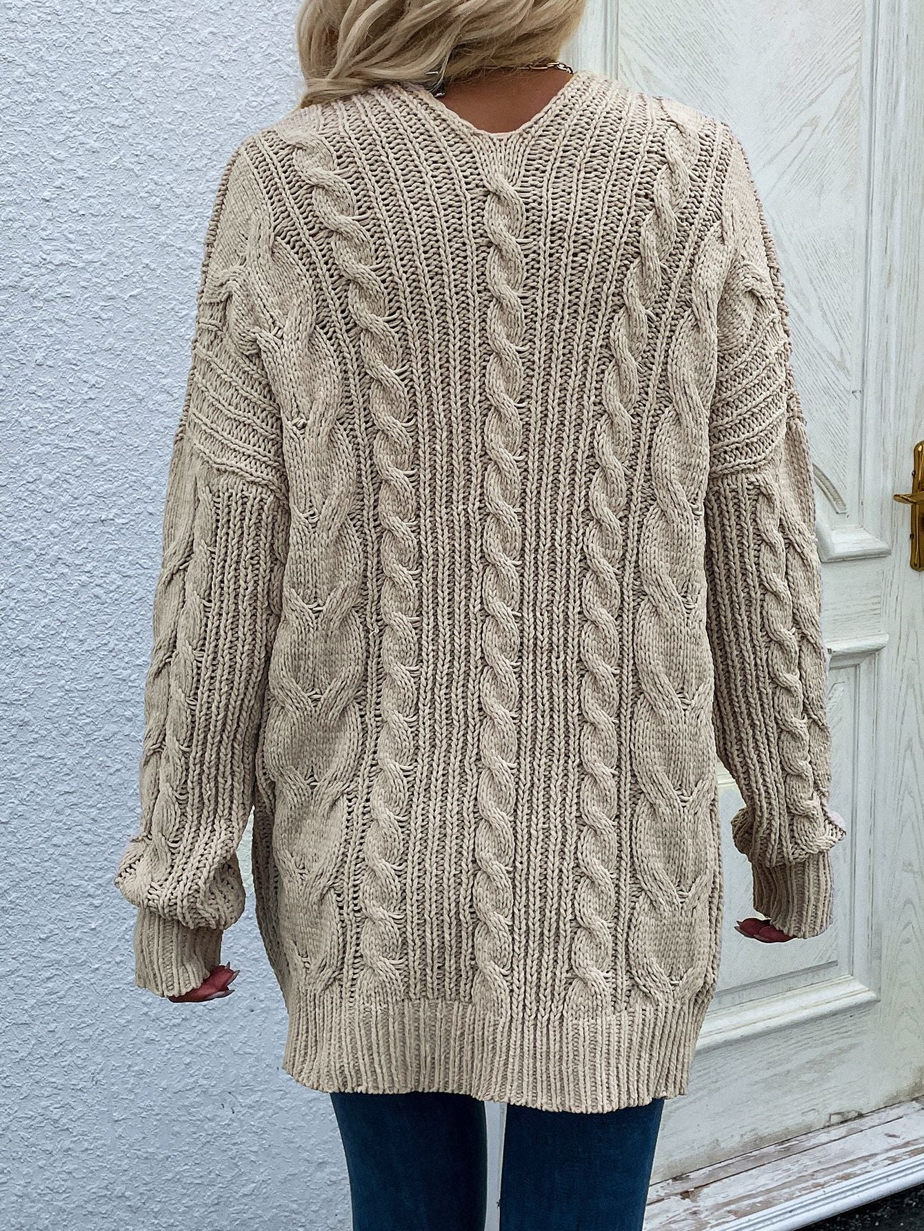 Cable-Knit Open Front Cardigan with Front Pockets - SKDZ