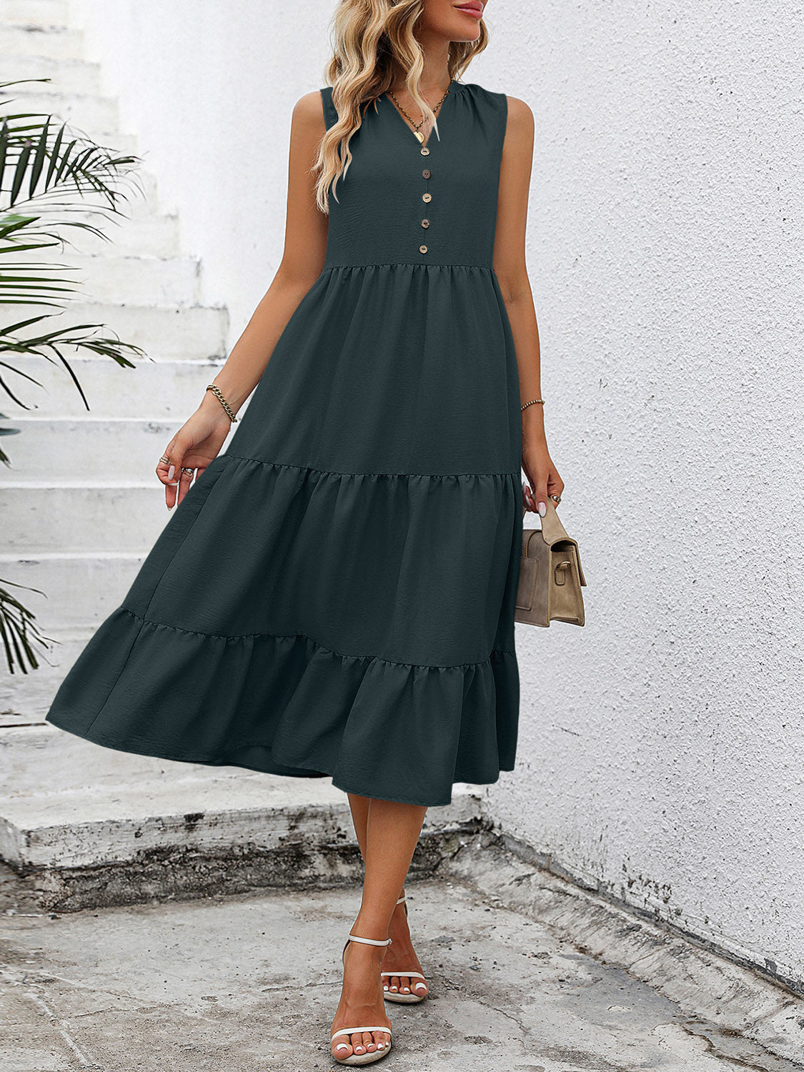 V-Neck Sleeveless Tiered Dress - skdzusa