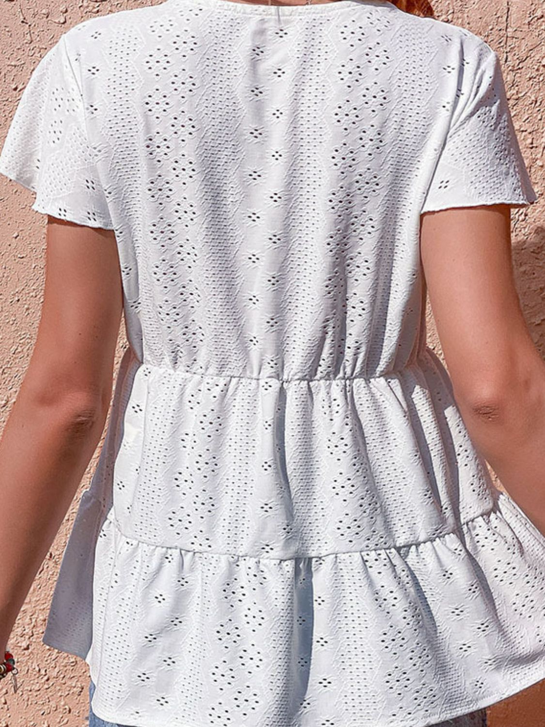 Button Front Eyelet Flutter Sleeve Tiered Blouse - SKDZ