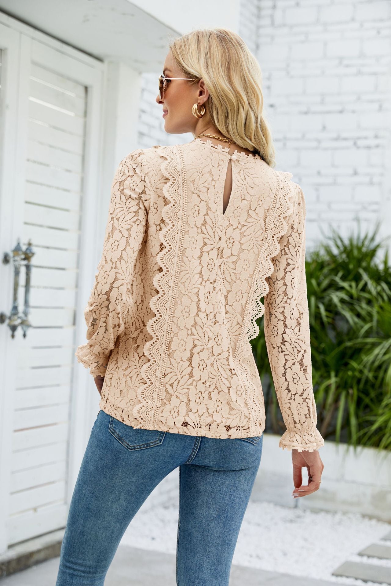 V-Neck Flounce Sleeve Lace Top - SKDZ