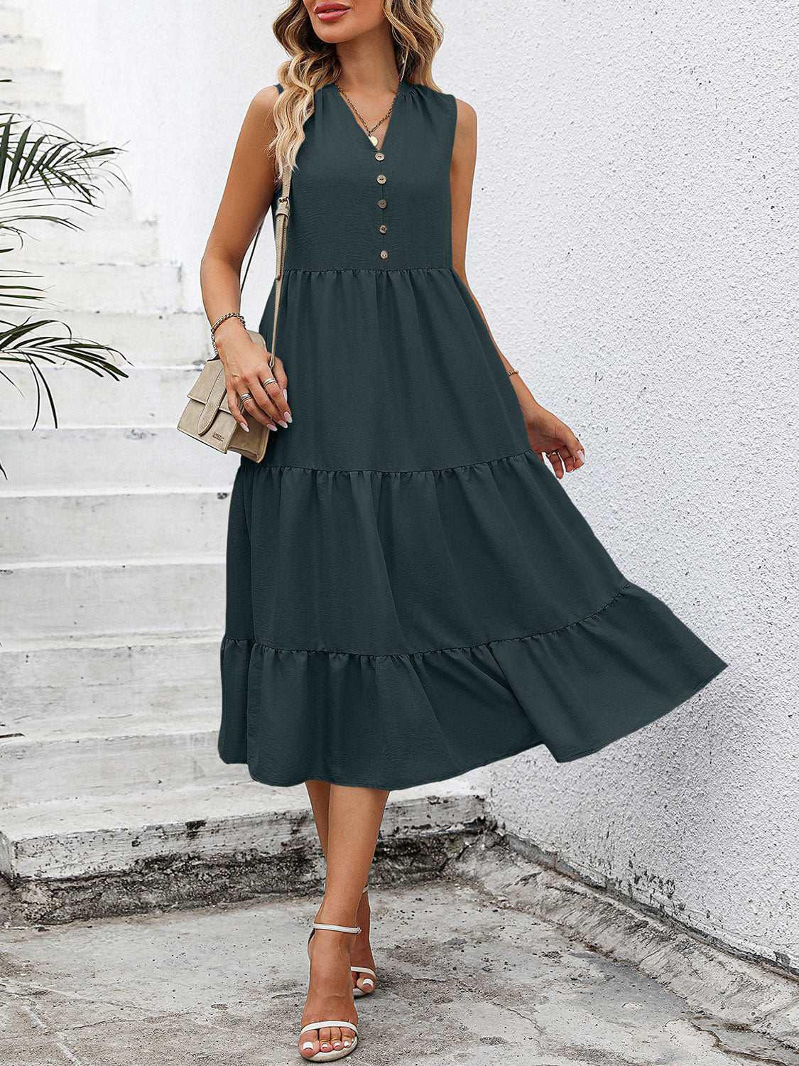 V-Neck Sleeveless Tiered Dress - skdzusa