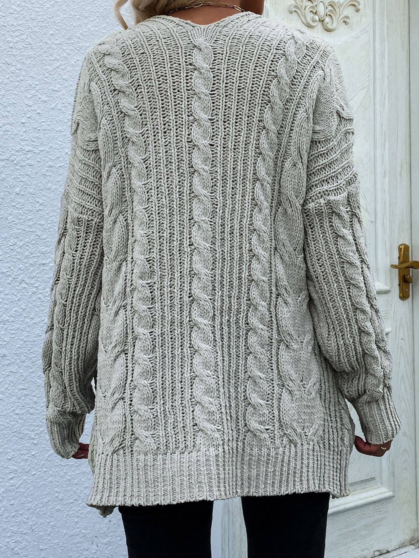 Cable-Knit Open Front Cardigan with Front Pockets - SKDZ