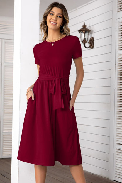 Belted Tee Dress With Pockets - SKDZ