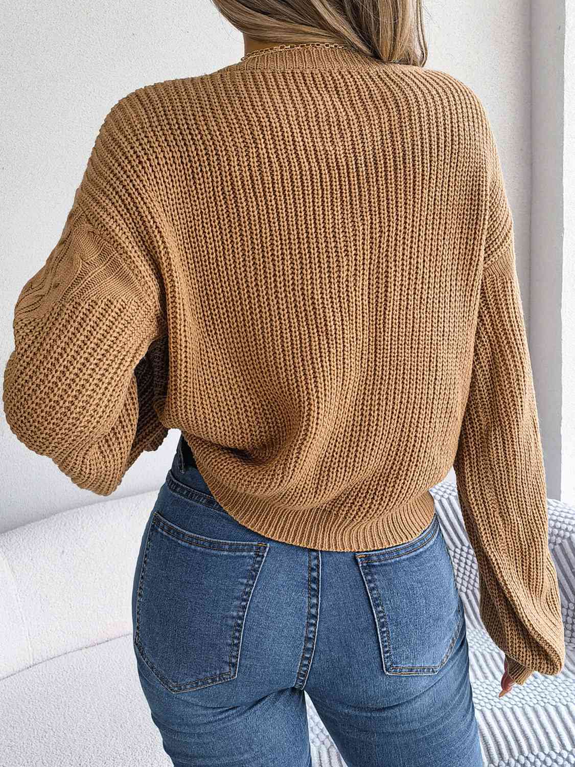 Cable-Knit Round Neck Drop Shoulder Sweater - skdzusa