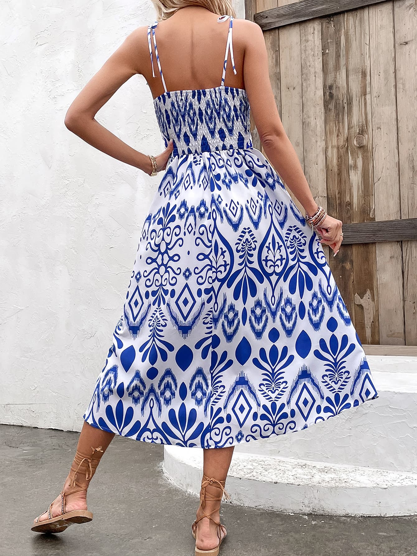 Printed Tie Shoulder Sweetheart Neck Dress - SKDZ